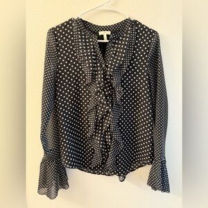 Joie Black and White Polka Dot Ruffle Button up Blouse with Bell Sleeves Size XS